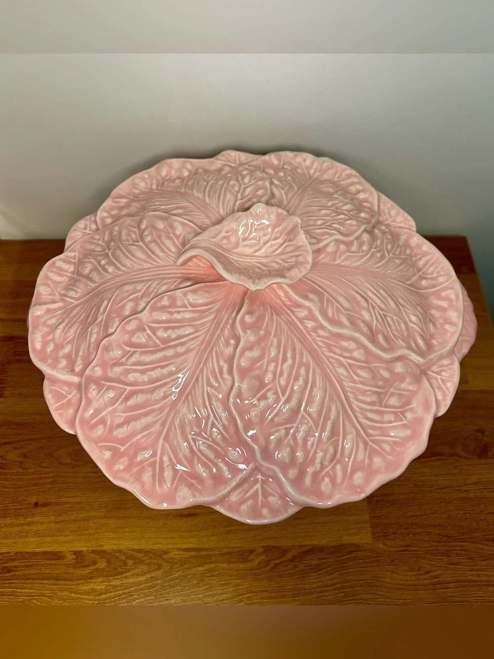 Vintage Pink Cabbage Leaf Casserole Dish with Gold Stand | MCM Miramar Californi